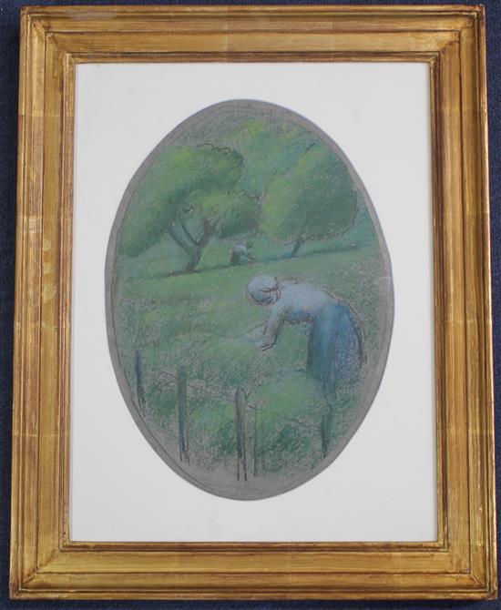 Julie Gonzalez (1876-1942) Paysanne dans un prairie, c.1919-20, oval, 12 x 8.5in.